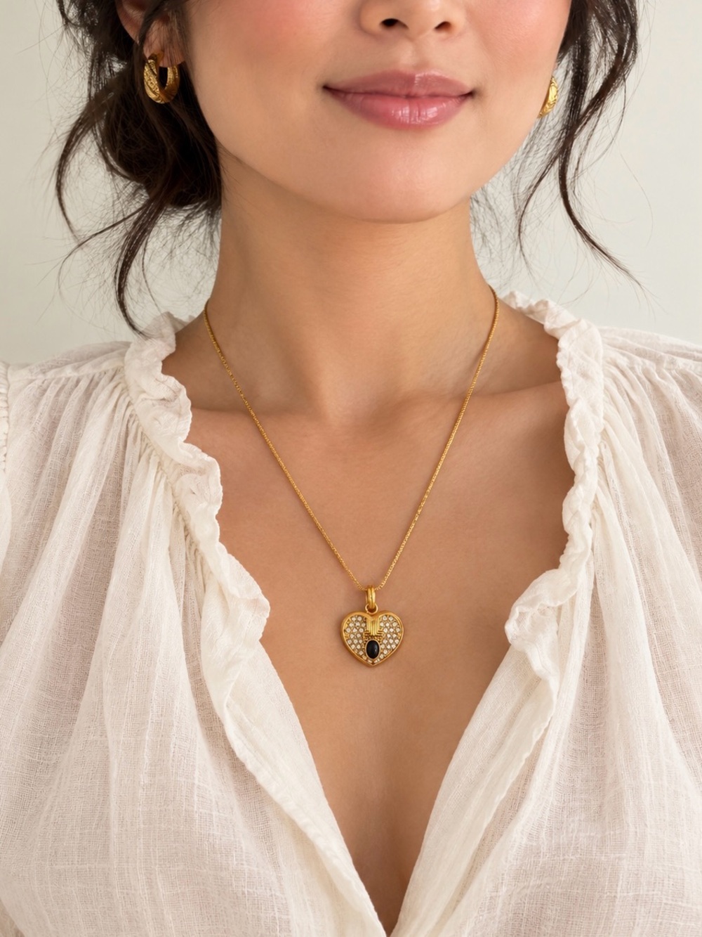Lanvin vintage Gold Heart Pendant Necklace Blue Stone Crystal Accents